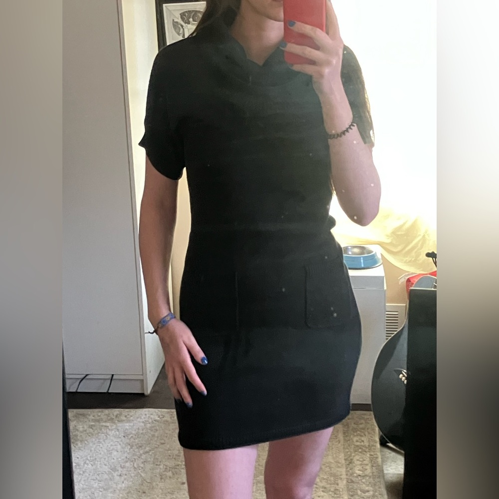 Short Sleeve Black Knit Sweater Dress with Cowl Neck
